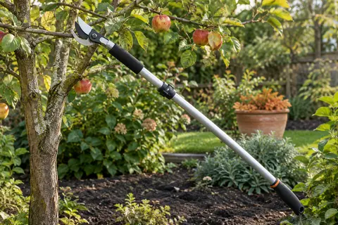 Sécateur télescopique argenté à tête pivotante présenté près d’un arbre fruitier dans un jardin
