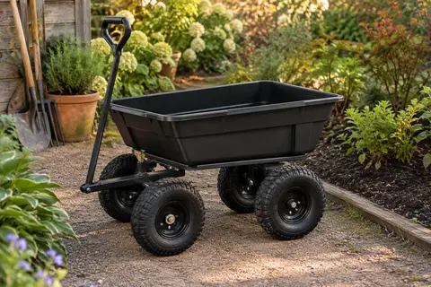 Chariot de jardin noir à benne basculante, châssis en acier et quatre grandes roues pneumatiques