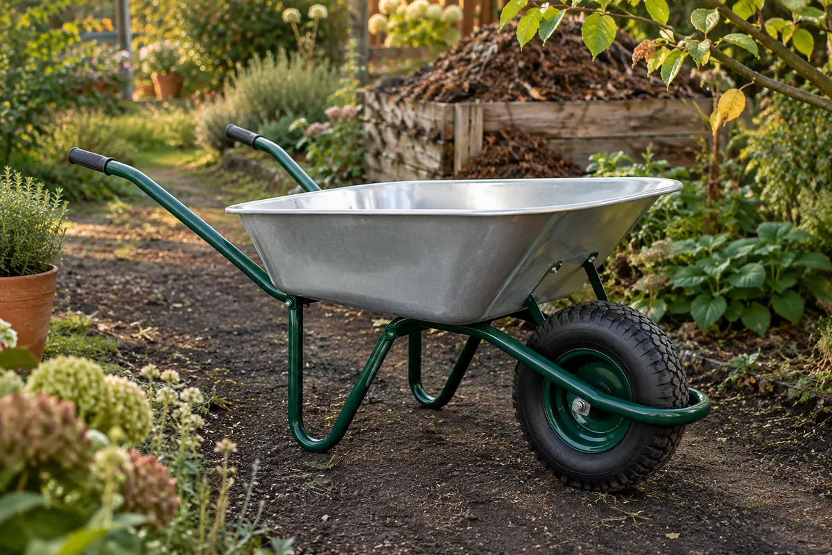 Brouette de jardin à cuve galvanisée et roue pneumatique à crampons sur un chemin de terre