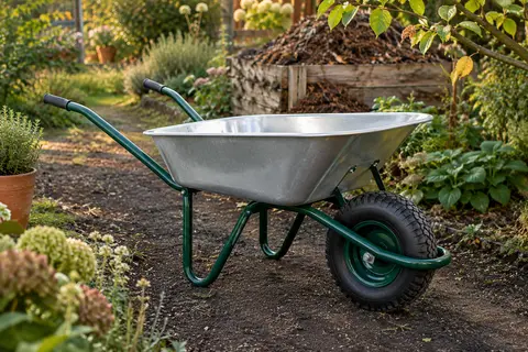 Brouette de jardin à cuve galvanisée et roue pneumatique à crampons sur un chemin de terre