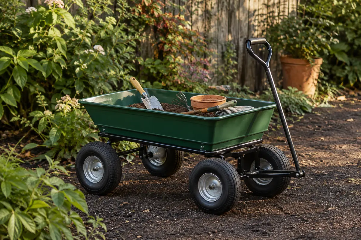 Chariot de jardin vert à benne basculante et quatre pneus gonflables, posé sur une allée de terre