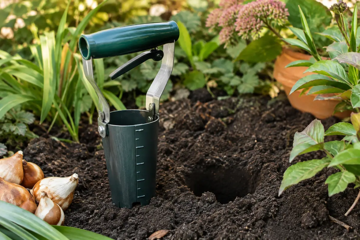 Plantoir à bulbes Gardena en acier revêtu, posé près d’un trou dans la terre du jardin.
