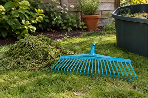 Tête de râteau à gazon Gardena turquoise posée près de tontes rassemblées sur une pelouse.