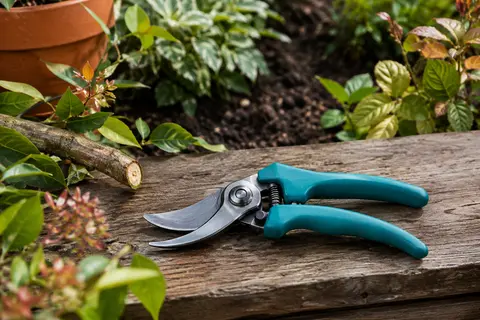 Sécateur de jardin à poignées turquoise et lames franches posé près d’une branche taillée.