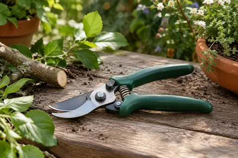 Sécateur de jardin vert à poignées SoftGrip et lames franches posé près d’une branche fraîche.