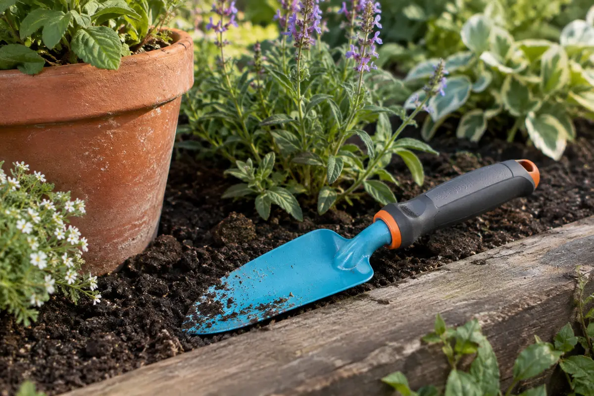 Transplantoir large Gardena Classic posé près d’une jardinière en terre cuite dans un jardin
