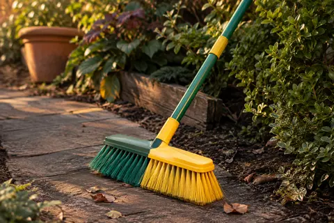 Balai de jardin télescopique vert et jaune posé sur une allée, avec tête large à poils synthétiques recourbés.