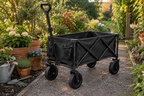 Chariot de jardin pliable noir à roues pivotantes, posé sur une allée près de pots et d’outils