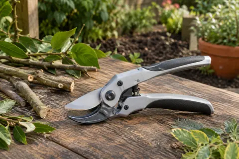 Sécateur gris à cliquet et enclume posé sur du bois patiné près de branches taillées