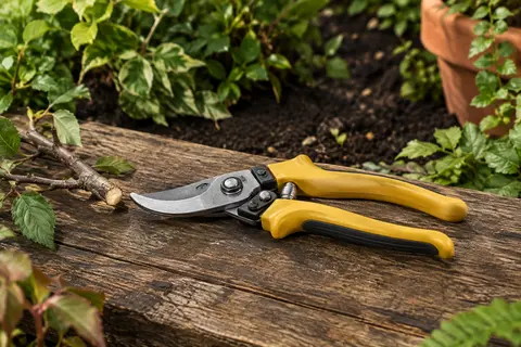 Sécateur à enclume à poignées jaunes posé sur du bois patiné dans un jardin soigné.
