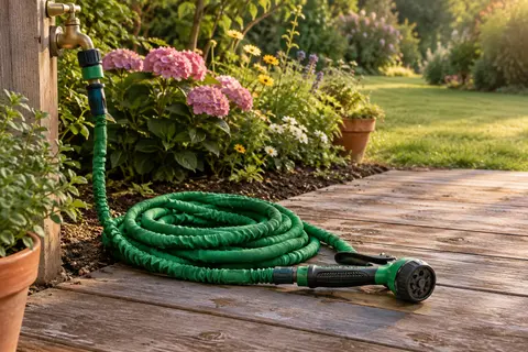 Tuyau d’arrosage extensible vert avec pistolet à sept réglages près d’un massif fleuri.
