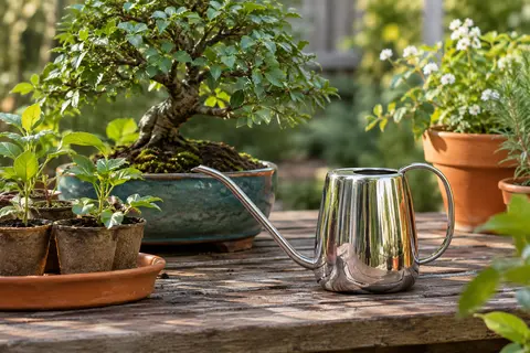 Petit arrosoir en acier inoxydable poli à long bec, posé près d’un bonsaï en pot dans un jardin.