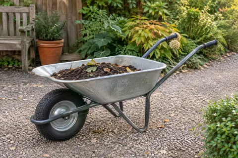 Brouette de jardin à cuve galvanisée, roue gonflable et poignées longues dans un jardin