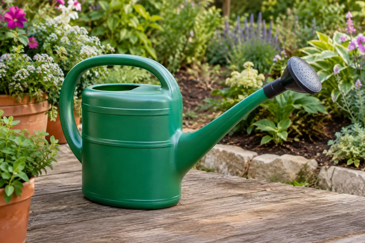 Arrosoir de jardin vert en plastique avec bec long et pomme amovible, posé près de plantes en pot