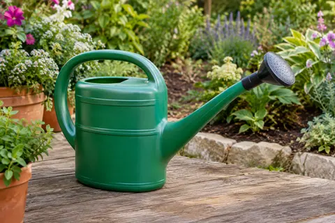 Arrosoir de jardin vert en plastique avec bec long et pomme amovible, posé près de plantes en pot