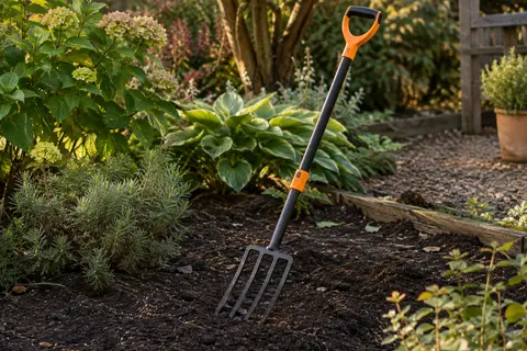 Fourche à bêcher Kadax à quatre dents, posée près d’un massif dans un jardin