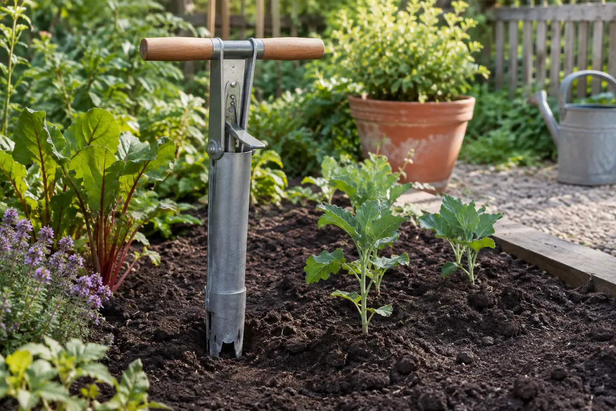 Plantoir manuel gris à double poignée posé près de jeunes plants dans un potager fraîchement travaillé