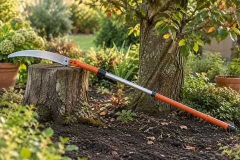 Scie d’élagage manuelle orange à perche télescopique posée près d’un arbre dans un jardin