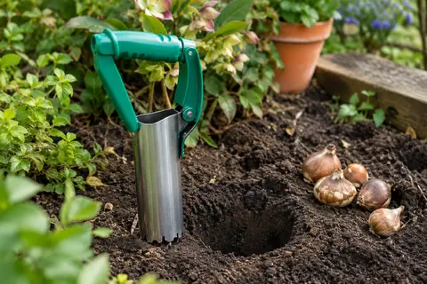 Plantoir à bulbes automatique en acier avec poignée verte, posé près d’un trou dans la terre du jardin.