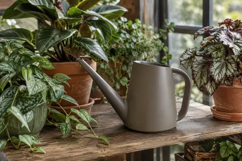 Arrosoir Lechuza Yula gris ardoise taupe posé près de plantes d’intérieur sur une étagère en bois