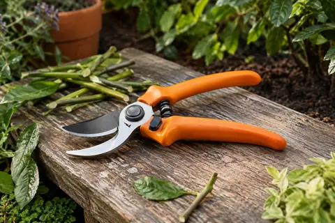 Sécateur Loewe 1104 orange posé près de tiges taillées dans un jardin verdoyant