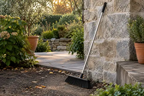 Balai extérieur noir à long manche métallique et tête inclinée, posé près d’une terrasse dans un jardin