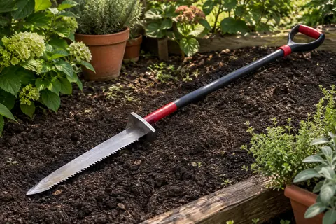 Bêche à scie Meister avec lame pointue dentée, poignée en D et manche noir et rouge, posée dans un jardin