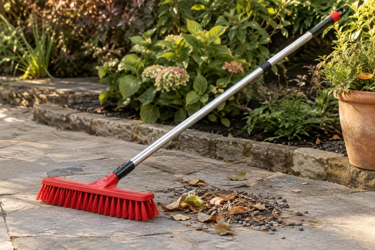 Balai-brosse extérieur rouge à poils rigides posé sur une terrasse en pierre avec quelques feuilles.