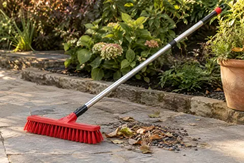 Balai-brosse extérieur rouge à poils rigides posé sur une terrasse en pierre avec quelques feuilles.