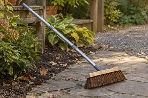 Balai-brosse extérieur à tête en bois, poils naturels d’arenga et long manche métallique gris