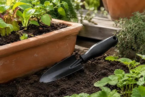 Transplantoir à main noir en acier posé près d’un bac en terre cuite dans un jardin