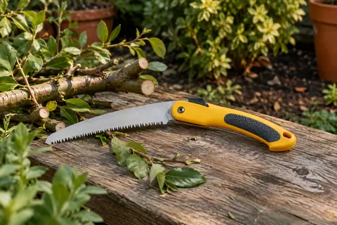 Scie d’élagage pliante à lame en acier et poignée jaune posée sur du bois dans un jardin
