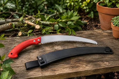 Scie d’élagage Oregon à lame courbe de 33 cm et poignée rouge, posée avec son fourreau sur du bois au jardin.