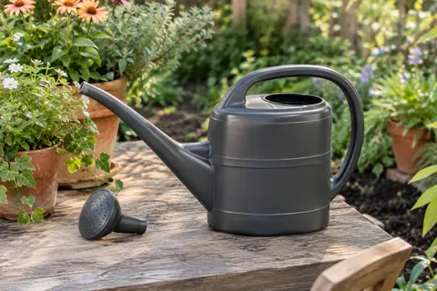 Arrosoir Plastia anthracite en plastique, avec bec long et pomme amovible, près de plantes en pot