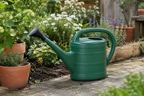 Arrosoir de jardin Prosperplast vert posé près de pots et d’un massif dans un jardin
