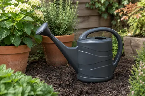 Arrosoir de jardin Prosperplast Zebra en plastique anthracite près de plantes en pots