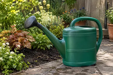 Arrosoir Prosperplast vert en plastique avec pomme, posé près d’un massif dans un jardin