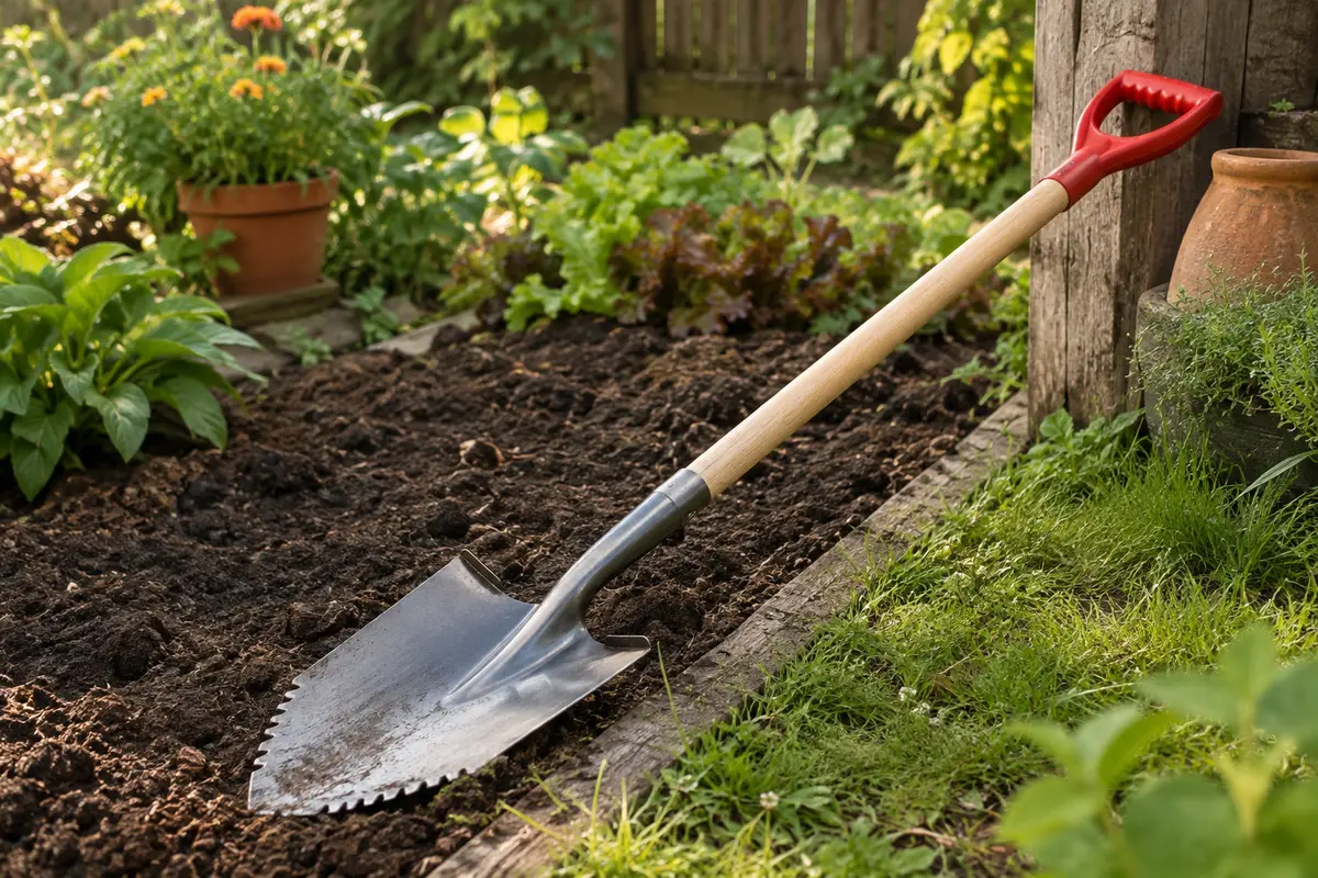Bêche Root Slayer rouge posée près d’une parcelle, avec sa lame en V et ses dents de scie visibles.