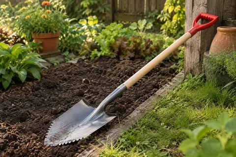 Bêche Root Slayer rouge posée près d’une parcelle, avec sa lame en V et ses dents de scie visibles.