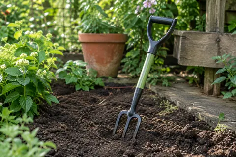 Micro fourche de jardin noire posée près d’une zone de terre ameublie dans un jardin.