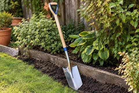 Bêche grand modèle à tête inox polie et manche en bois avec détails bleus, posée près d’une terre fraîchement travaillée.