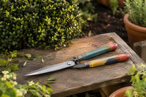 Cisaille topiaire compacte à poignées bigarrées posée près d’un arbuste taillé dans un jardin