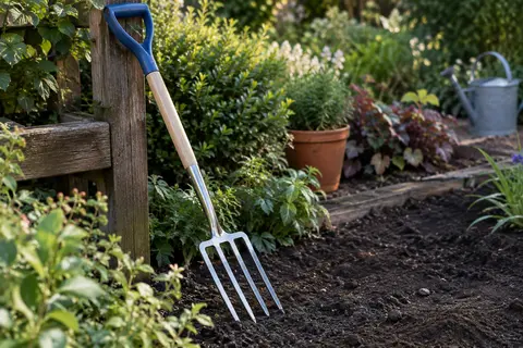 Fourche à bêcher à tête en inox poli, manche en bois dur et poignée en Y bleue dans un jardin.