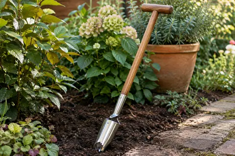 Plantoir à bulbes à long manche, tête en acier argenté poli et poignée en T en bois brun près d’un massif.