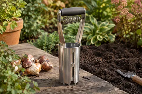 Plantoir à bulbes en acier inoxydable avec jauge de profondeur et poignée à ressort