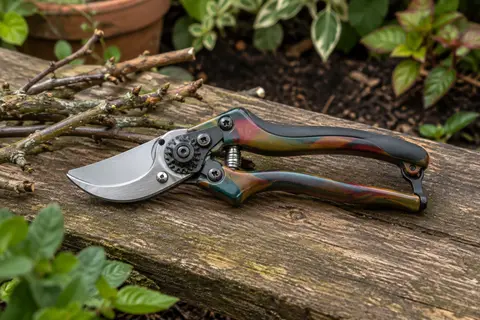 Sécateur à enclume Spear & Jackson Razorsharp avec lame en acier et poignée sur fond de jardin