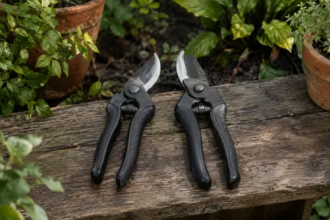 Deux sécateurs noirs, l’un à coupe bypass et l’autre à enclume, posés sur du bois au jardin.