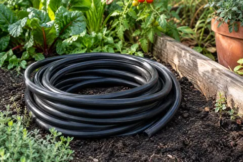 Tuyau d’arrosage noir en boucles posé près d’un potager aux feuillages verts et à la terre sombre.