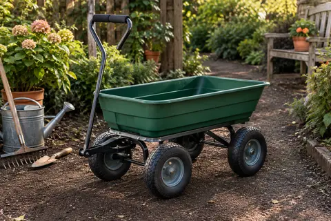 Chariot de jardin vert à benne basculante, quatre roues en caoutchouc et cadre métallique