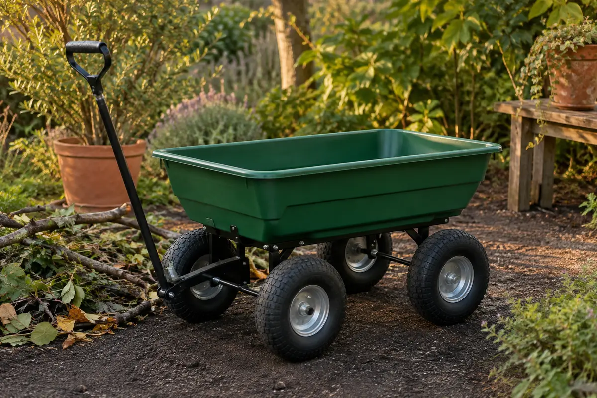 Chariot de jardin vert à bac basculant, quatre roues gonflables et poignée amovible sur une allée de terre